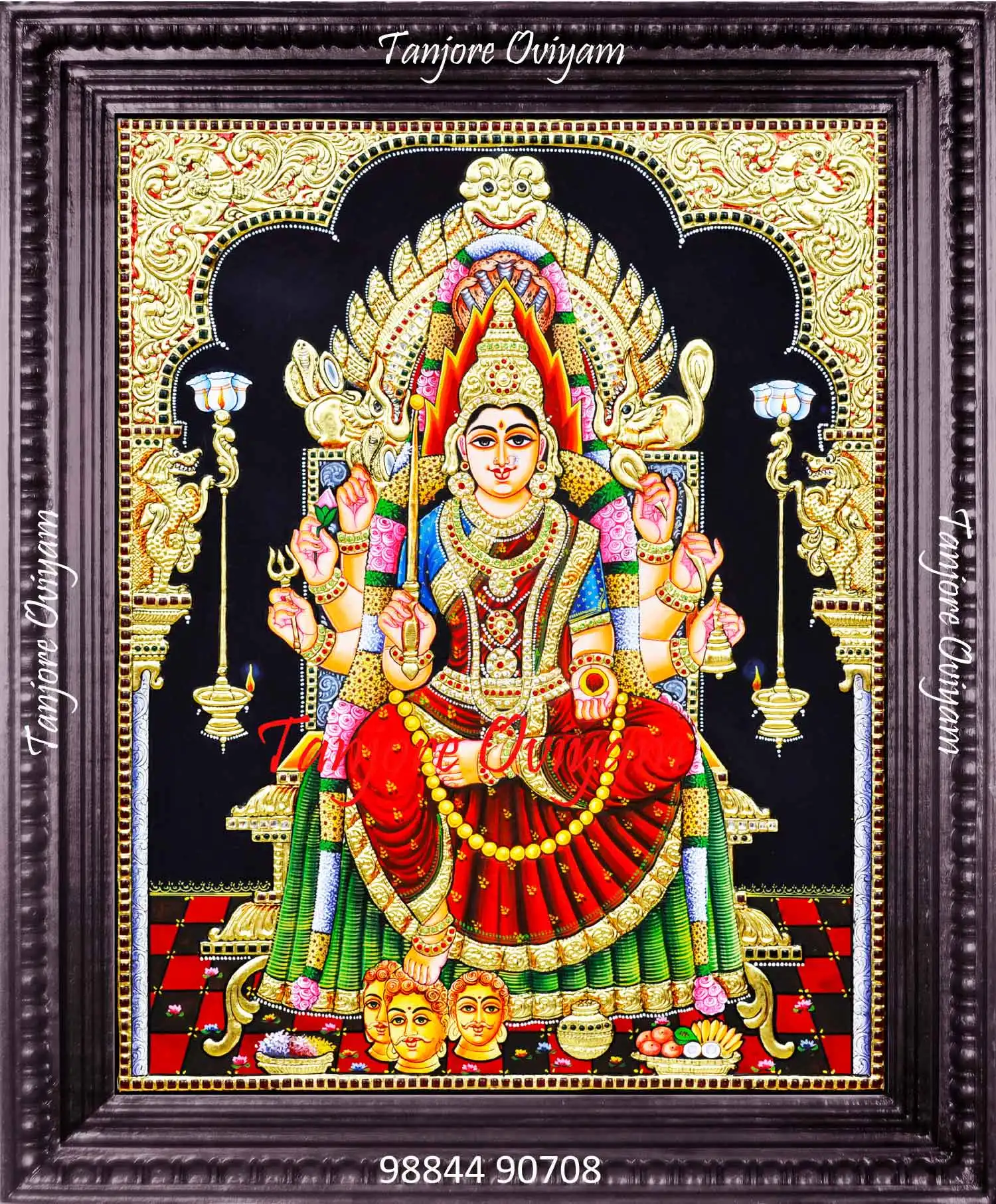 Samayapuram Mariamman Tanjore Painting showing Goddess Mariamman seated on a golden throne with temple lamps and arch, handcrafted in traditional Thanjavur style
